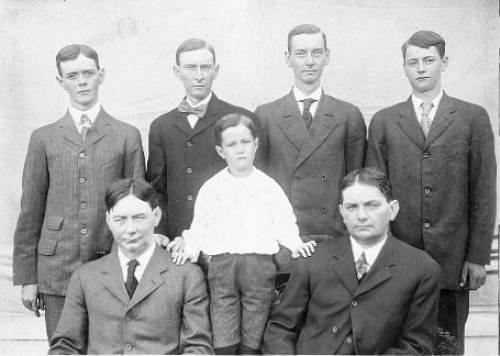 46 Sons of James Upper Row: Phil, Clinton, Clate and Perry Lower Row: Ed, Ted and Carrol Hawkins