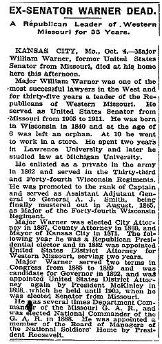 36 Senator Warner Obituary - N.Y. Times - 05 OCT 1916