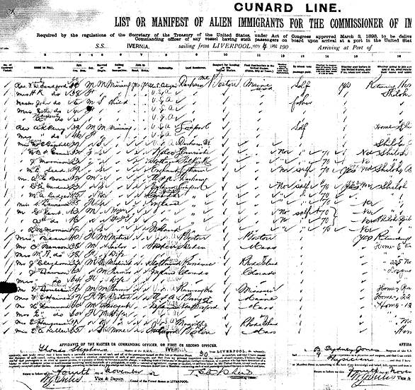 Ivernia Passenger List - November 4, 1902