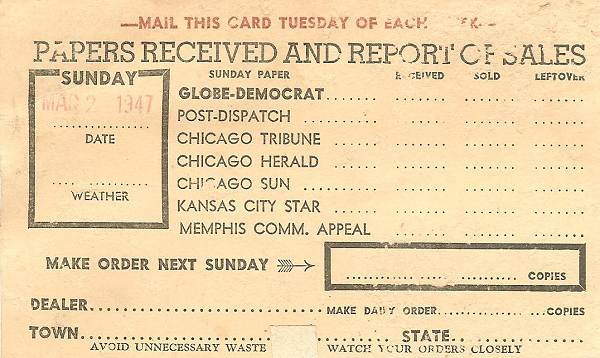 62 Newspaper Order Card