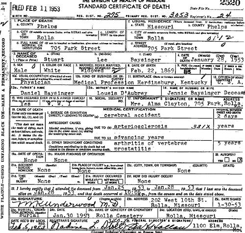 36 Death Certificate for Dr. Baysinger