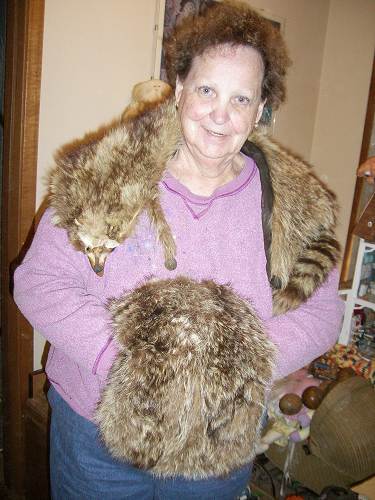 58 Janet Hix Buthold with Raccoon Stole and Hand Warmer that belonged to her mother Ida Hauenstein Hix