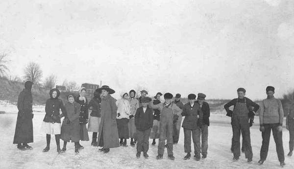 44 Ice Skating - Third from Left - Ella Fendorf Swanson - Sixth from Left - Rose James Fendorf - Mother of Helen Phillips