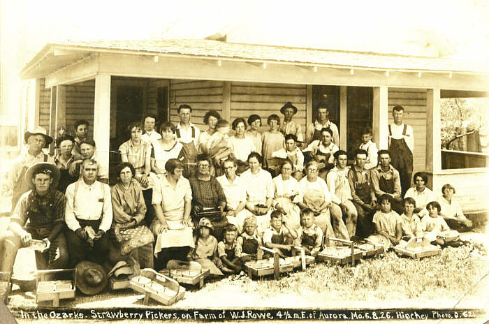  Strawberry pickers on farm of W. J. Rowe, 4  miles east of Aurora, 8 June 1926 