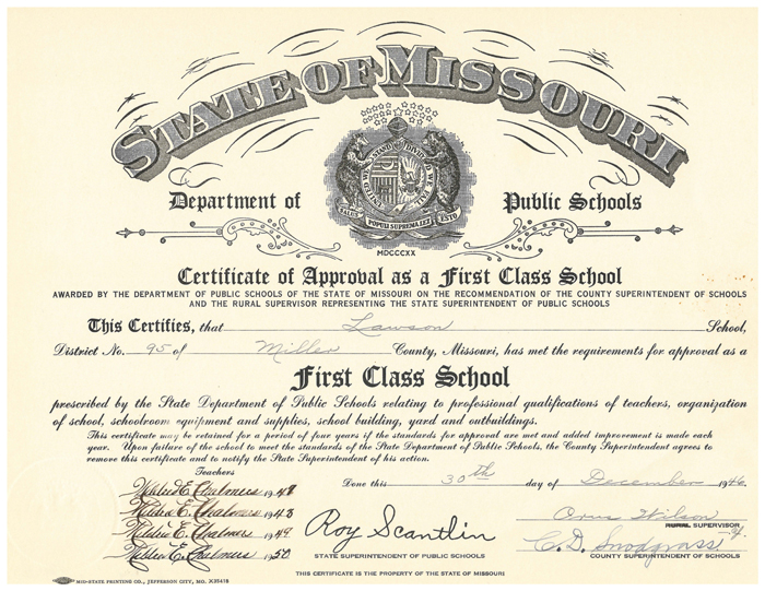Lawson School State of MO Certificate