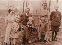 Helen, Nellie, Abraham, Lael, Mamie, Stanley, and Richard Pillman.  Photo likely taken 1907, at their rural home in Miller County, Missouri.  Abraham, also known as 'Alan', was the Superintendent of the Spring Garden Marble and White Lime Co. quarry and kiln on the CRI&P Railroad near Eugene, Missouri.  Source:  Heather L. Pillman